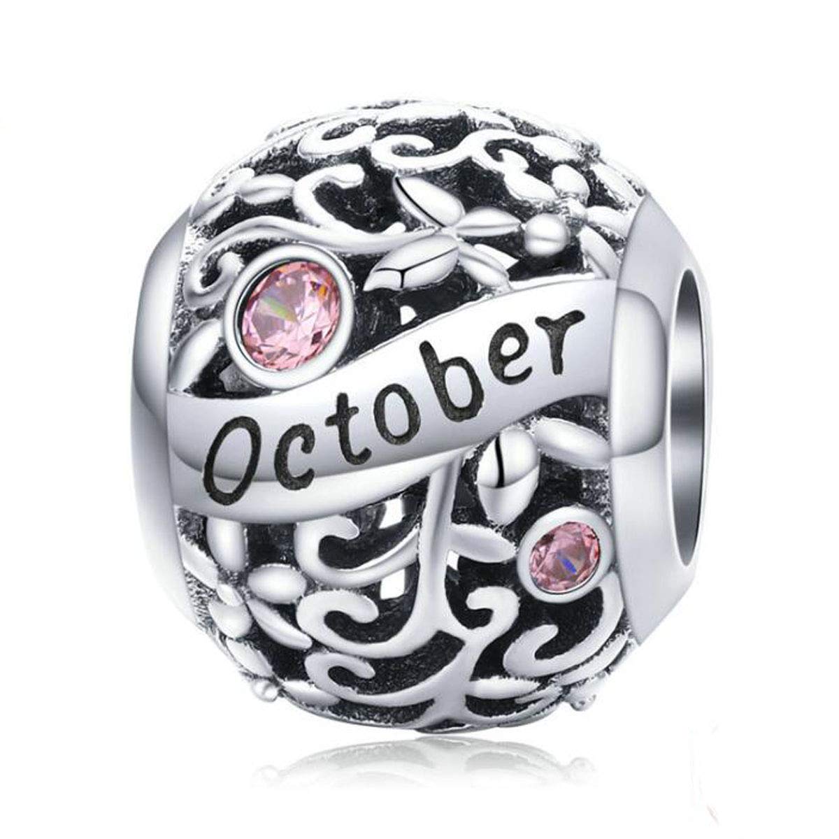 Women September October Birthstone Charm Beads 925 Sterling Silver Charms Happy Birthday 12 Birthstone Charms fit for Pandora Bracelets (October Birthstone Charm)