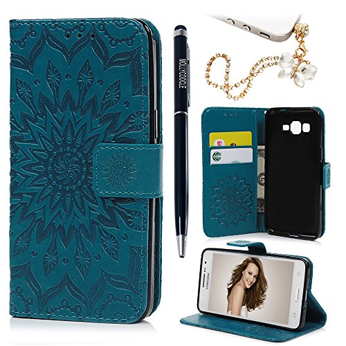 MOLLYCOOCLE Grand Prime Case,Sunflower Embossed PU Leather Magnetic Wallet Case Soft TPU Inner Bumper Card Slots Kickstand Feature Protective Cover for Samsung Galaxy Grand Prime,G5308,G530H - Blue
