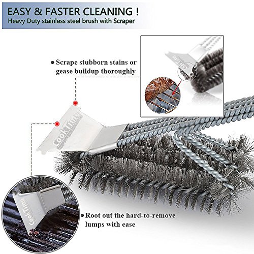 COOKTIME BBQ Grill Brush and Scraper 18'' Wire Bristles Grill Cleaning Brush 3 in 1 Barbecue Cleaner with Triple Scrubber,Perfect for Weber Gas/Charcoal Grill Grates