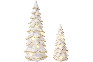 DN DECONATION Christmas Tree with Lights 2PCS White Gold Tabletop Trees Decor Light Up Resin Xmas Tree for Holiday Desk Cente