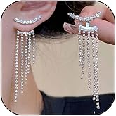 Long Silver Tassel Earrings for Women Sparkle Rhinestone Dangle Drop Earrings Crystal Front Back Fringe Prom Earrings For Wedding Party Dress Earrings Jewelry Gifts For Women