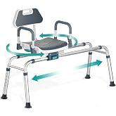 Sliding Shower Chair Tub Transfer Bench with Swivel Seat, Shower Bench for Elderly and Disabled, with Security Belt, 360 Rotation, Slides and Rotates, Adjustable,one Touch Slide Button, Dark Blue