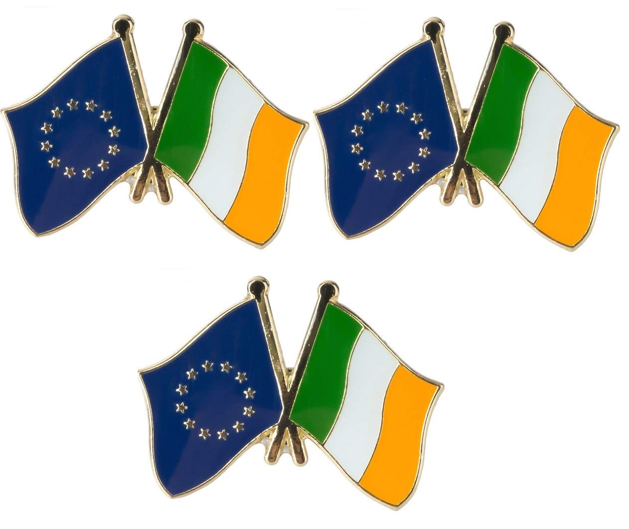 set of 3 x Flag of Ireland Irish Tricolour and European Union EU flag metal pin Badges badge