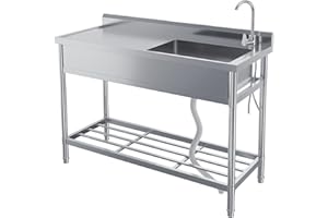 47 Inch Stainless Steel Utility Sink, Free Standing Single Bowl Commercial Sink with Faucet, Cold & Hot Water Pipe, Storage S