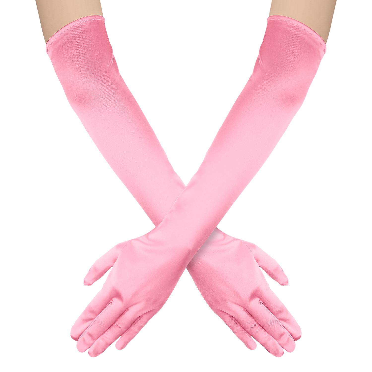 NQEUEPN Women Long Gloves, Long Elbow Satin Gloves 21'' Stretchy 1920s Opera Gloves Hand Care Moisturizing Gloves for Women Girls Evening Party Dance(Pink) (D15480-493)