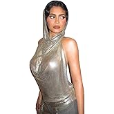 Women’s Shiny Top Sexy Cowl Neck Sleeveless Backless Top with Head Scarf for Rave Festival Party Clubwear