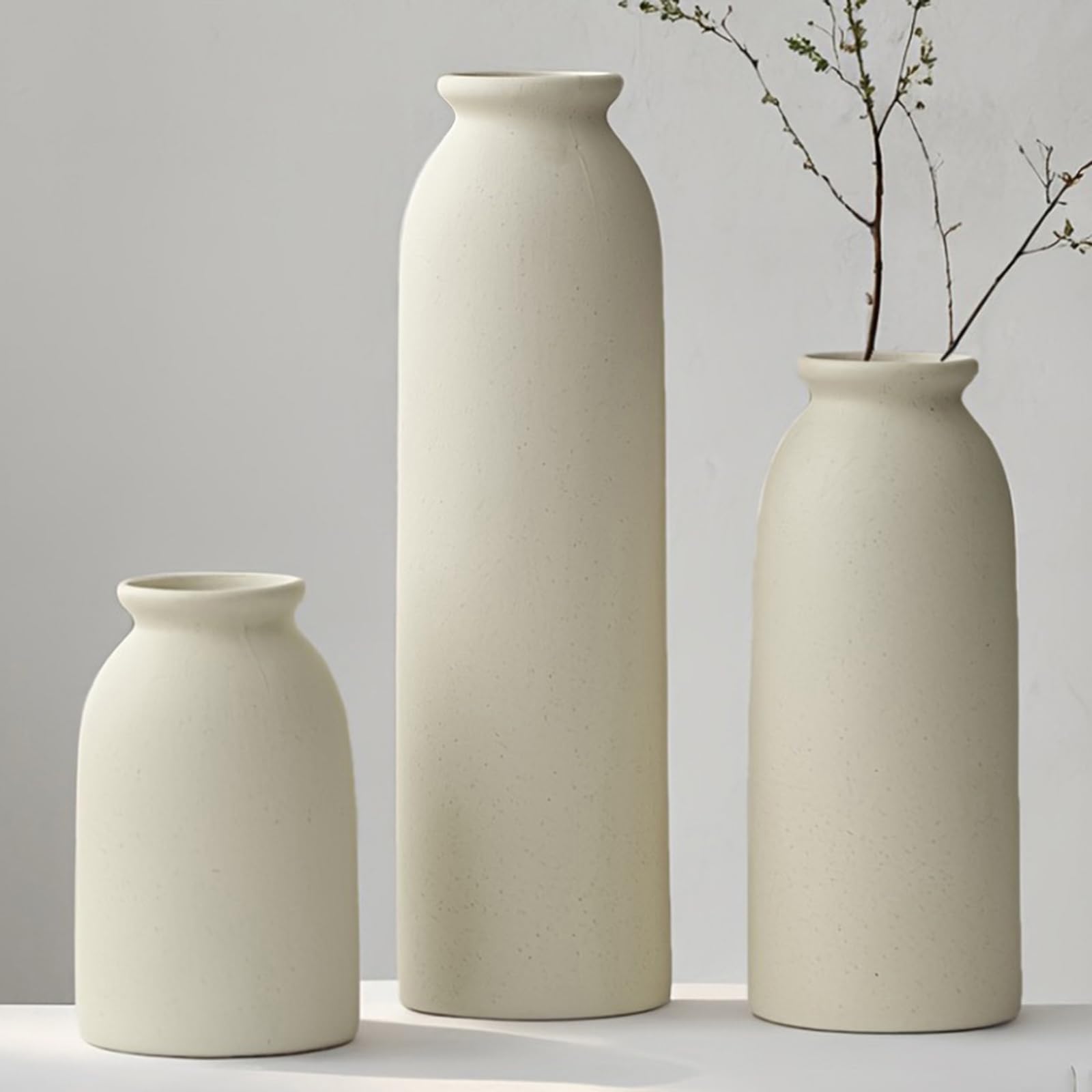 Photo 1 of 10.4 inches Tall Decorative Ceramic Vase Set, 3 Pieces, Nordic Modern Boho Style, White, for Home Decor (Beige)