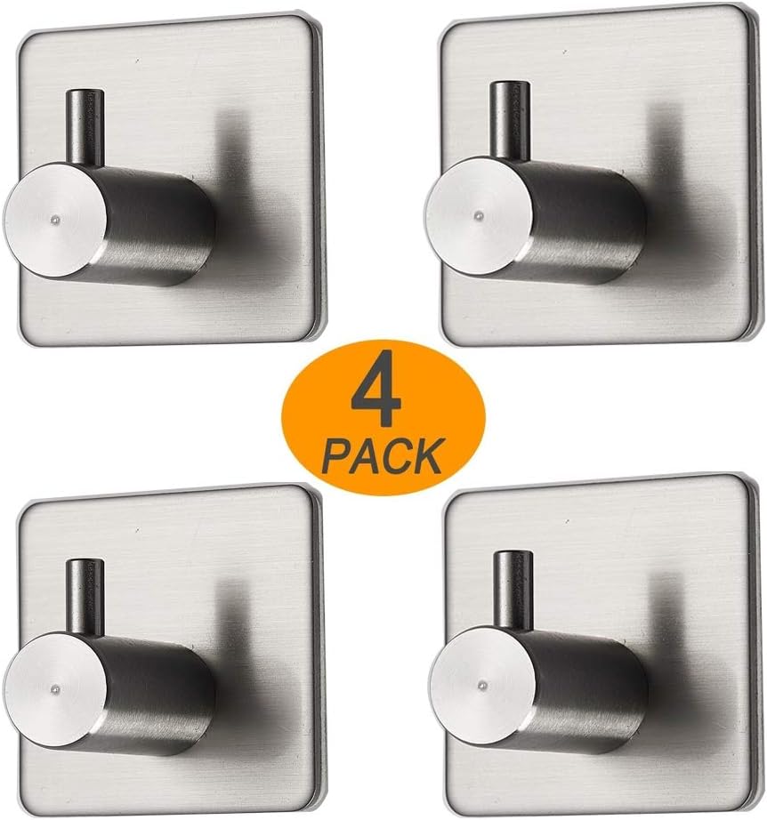 BERERTO Wall Hangers 3M Adhesive Wall Hooks Heavy Duty Without Nails Stick on Hooks for Hanging Towels Bathroom Wall Towel Hooks Hanging Hooks for Kitchen Key Hooks for Wall Backpack Hooks -4 Packs