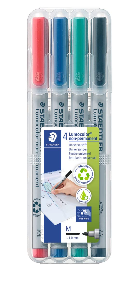 STAEDTLER 315 WP4 Lumocolor Non-Permanent Pen, Medium Line Width, 1.0mm - Assorted Colours (Pack of 4)