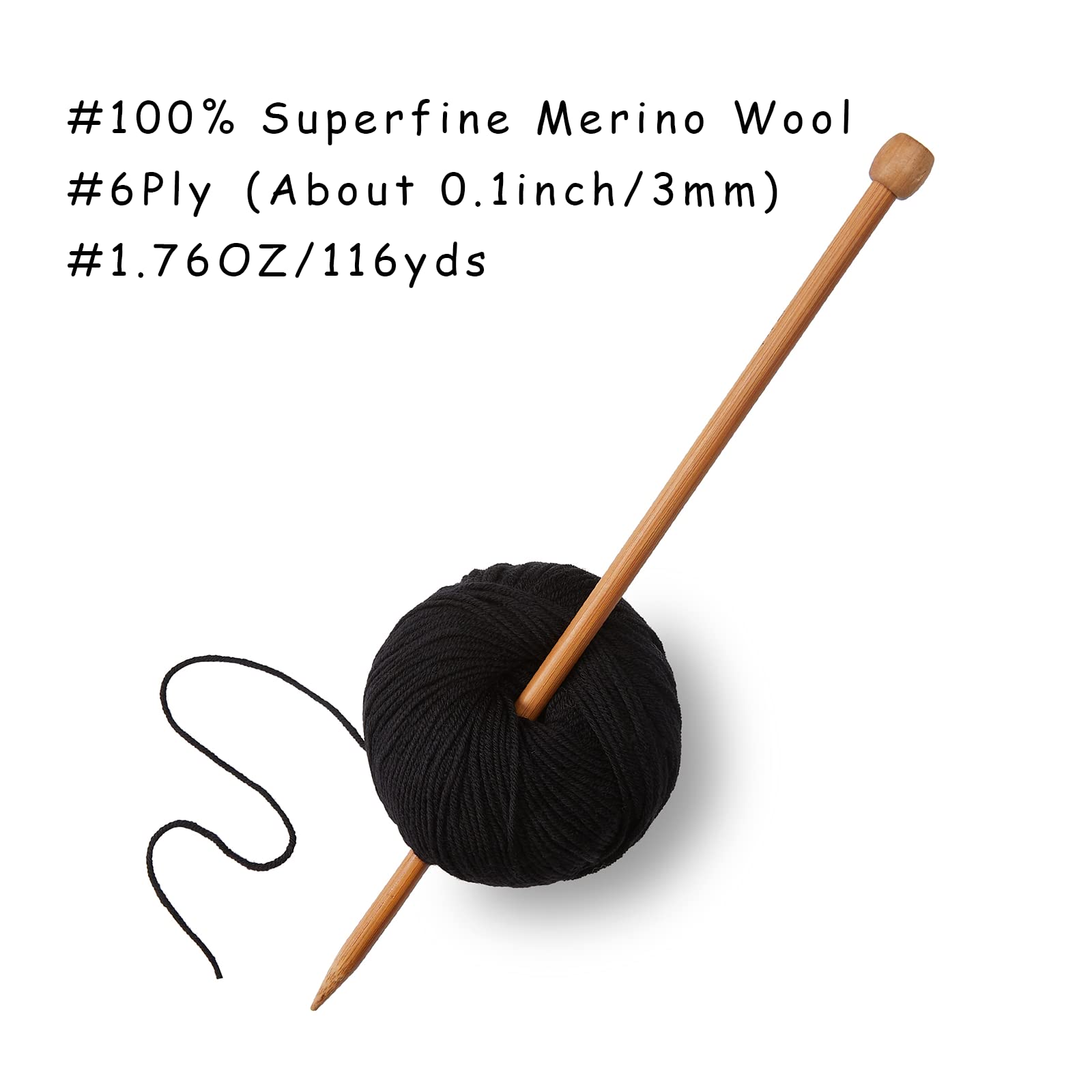 100% Merino Wool Yarn, 6-Ply Luxurious and Soft Yarn for Hand Knitting & Crocheting, 1.76 OZ/50g, 127 yds/116 Meters (Black, 1 Ball)