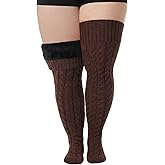 Suhine Plus Size Fleece Lined Thigh High Sock, Women Cable Knit over Knee Leg Warmer Extra Long Winter Stocking Boot Sock