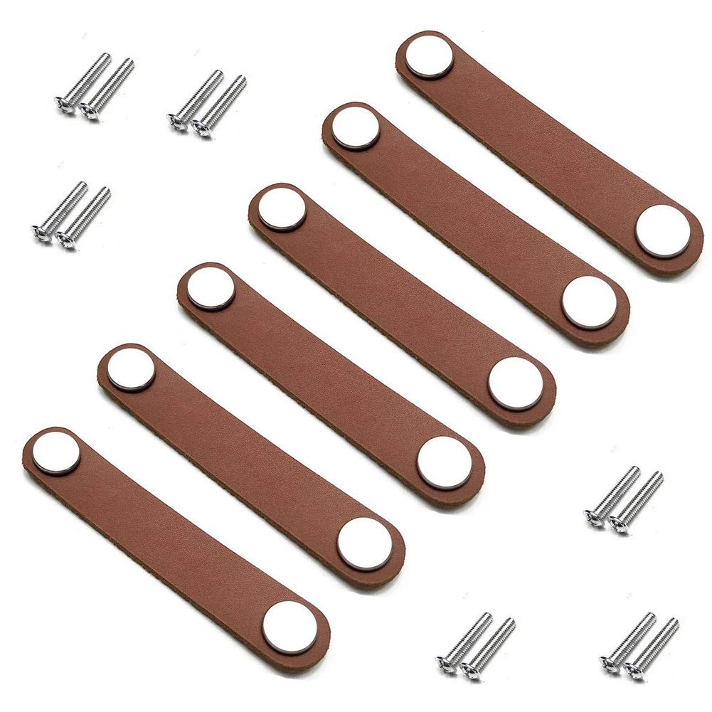 6pcs Leather Furniture Door Handle Modern Europe Style Pull Handle Knob for Doors Cabinets Cupboards Suitcase (Large, Brown)