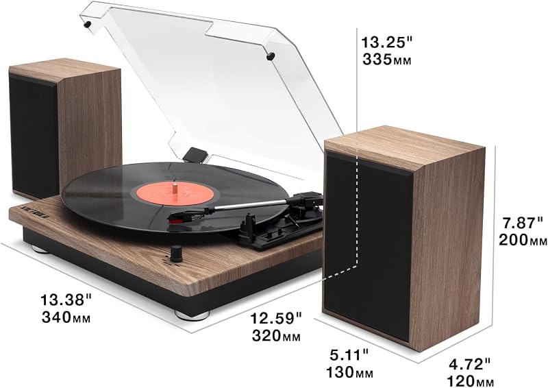 Montauk – Platine Vinyle à Courroie 3 Vitesses avec Haut-parleurs stéréo Bluetooth, Sortie RCA, Prise Casque 3,5 mm, Couvercle Amovible (Finition Noyer Rustique) — photo 5 sur 5