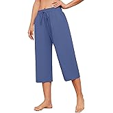 Larmliss Womens Capri Pants Casual Wide Leg Drawstring Elastic Waist Loose Lounge Cropped Pants with Pockets