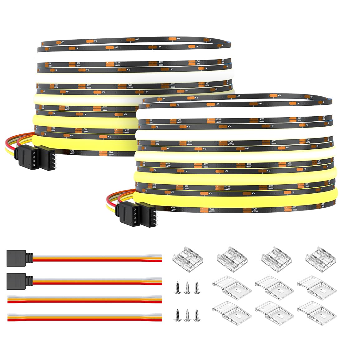 BTF-LIGHTING COB CCT Flexible High Density FCOB LED Strip 10M(2x5M) 640LEDs/m Tunable 3000K-6000K CRI＞90 Dimmable Deformable Black PCB LED Light Ribbon IP30 DC24V(Only LED Strip)