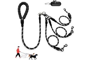 LEOSASA No-Tangle 3 Dogs Leash - Main Lead Rope with Padded Handle, Three Detachable Leash Splitters with Heavy-Duty Clip, Perfect for Walking, Running, Small, Medium, Large Dogs (Black)