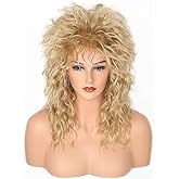 LeMarnia 80s Rock Diva Wig Blonde Brown Fluffy Big Roll Mullet Wigs for Man or Woman Halloween Party Costume Cosplay Wig