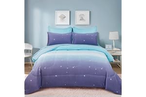 DINJOY Girls Comforter Set Twin Size 6 Pieces Bed in A Bag Colorful Ombre Blue Purple Rainbow Bedding Set for Kids Teen (1 Comforter, 1 Flat Sheet, 1 Fitted Sheet, 1 Pillow sham, 2 Pillowcases)