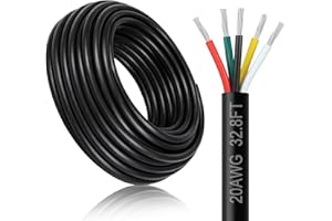 DEKIEVALE 20 Gauge 5 Conductor Electrical Wire, 32.8FT 20AWG Black PVC Stranded Tinned Copper 5 Wire Cable, 20/5 Extension Cable for LED Lamp Lighting, Automotive, Speaker, Access Control, etc.