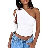 zhaistar Women's One Shoulder Tank Top Sleeveless Ruched Slim Fit Y2K Basic Going Out Crop Tops