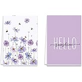 ZCHOMI Purple Floral Kitchen Towels Set of 2 Hello Sunshine Flower Dish Towels Spring Decorative Hand Towels for Cleaning Drying Cooking Baking, 16x24 Inch