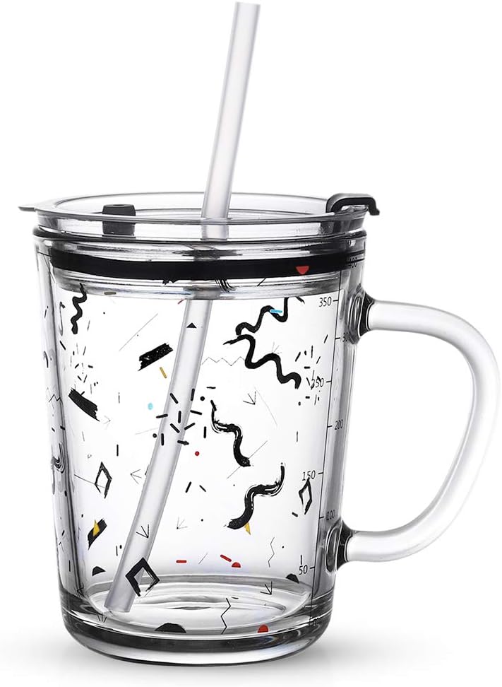 Glass Tumbler with Handle and Clear Lid of Scale and Straw