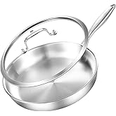 DELARLO Stainless Steel Pan 10.3Inch, Triply Stainless Steel Frying Pan with Lid, Heavy Duty, Compatible with Induction, Gas and Electric up to 650℉, Fast & Even Heating, Dishwasher, Oven Safe Skillet