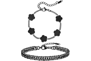 VNOX 2 PCS Black Clover Chain Bracelet Set for Men, Stainless Steel Trendy Jewelry, Lucky Five Leaf Clover Bracelets Fashion 