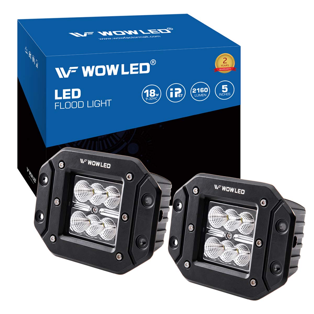 WOWLED Flush Mount LED Pods, 2 Pcs 5'' 18W Driving Lights LED Work