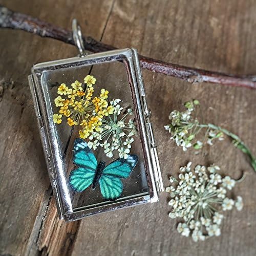 Locket Charm Green Butterfly Dill Necklace - Glass - Mori Girl - Real - Kid - Natural - Statice - Woodland - Dried Flower - Yellow - White