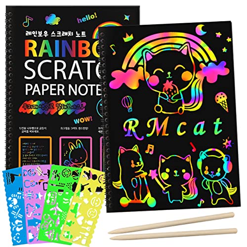ZMLM Scratch Paper Art Set: 2 Pack Rainbow Scratch Off Crafts Supplies Kits for Age 3 4 5 6 7 8-12 Kids Gift Toy for Girls Boy Teen Birthday|DIY Party Favor|Christmas|Halloween|Coloring Fun Activity