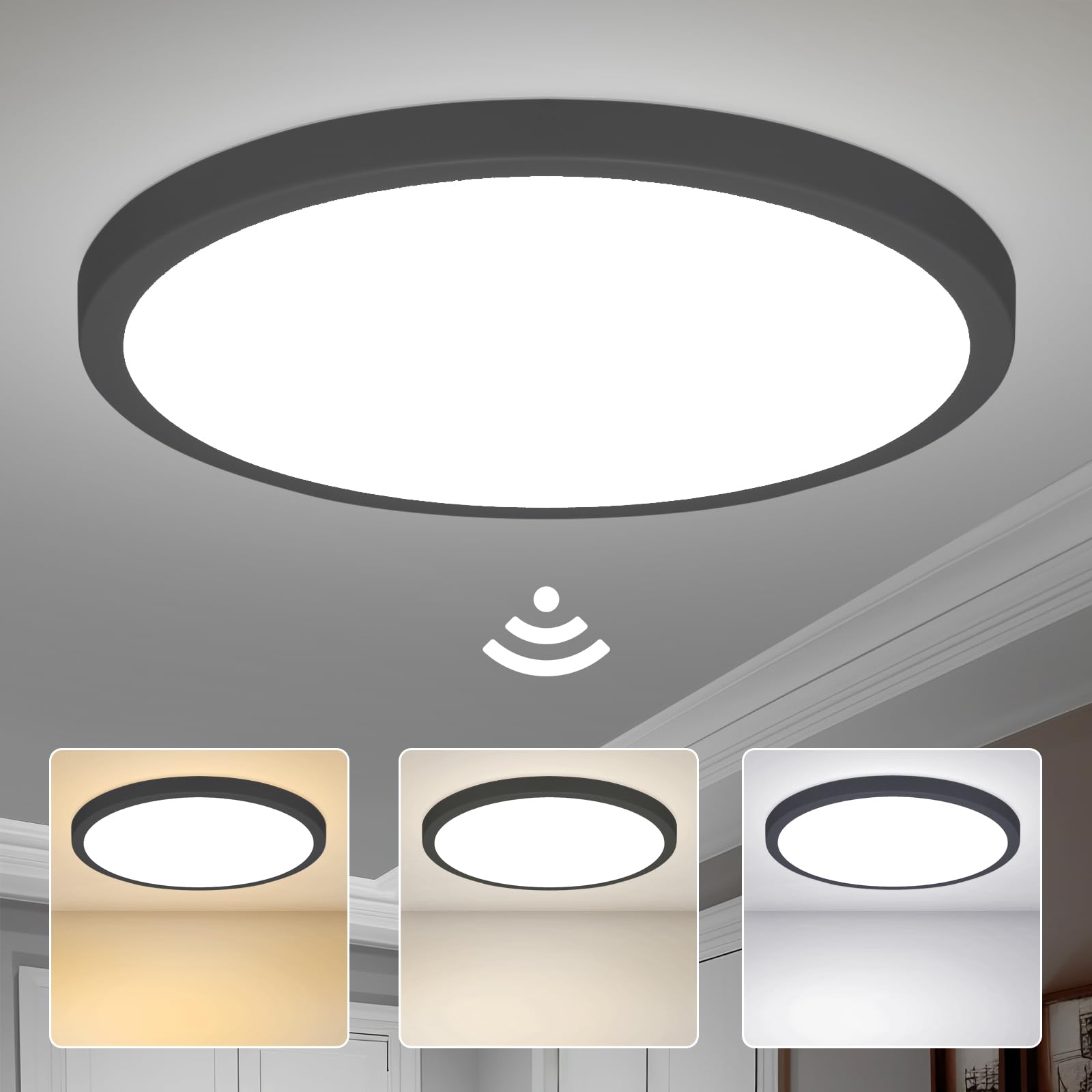 Yafido 30CM LED Motion Sensor Ceiling Light Indoor, 28W Round Porch Lights, IP56 Waterproof, Hallway Roof Stairway, 3000K 4000K 6500K, 240V, Black