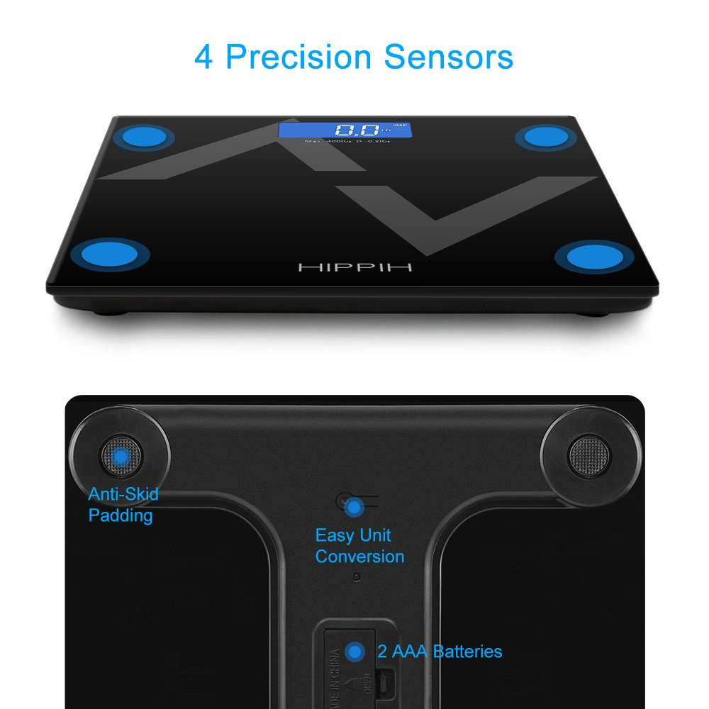 Hippih 400lb / 180kg Electronic Bathroom Scale with Tempered Right Angle Glass Balance Platform and Advanced Step-On Technology, Digital Weight Scale has Large Easy Read Backlit LCD Display D-015