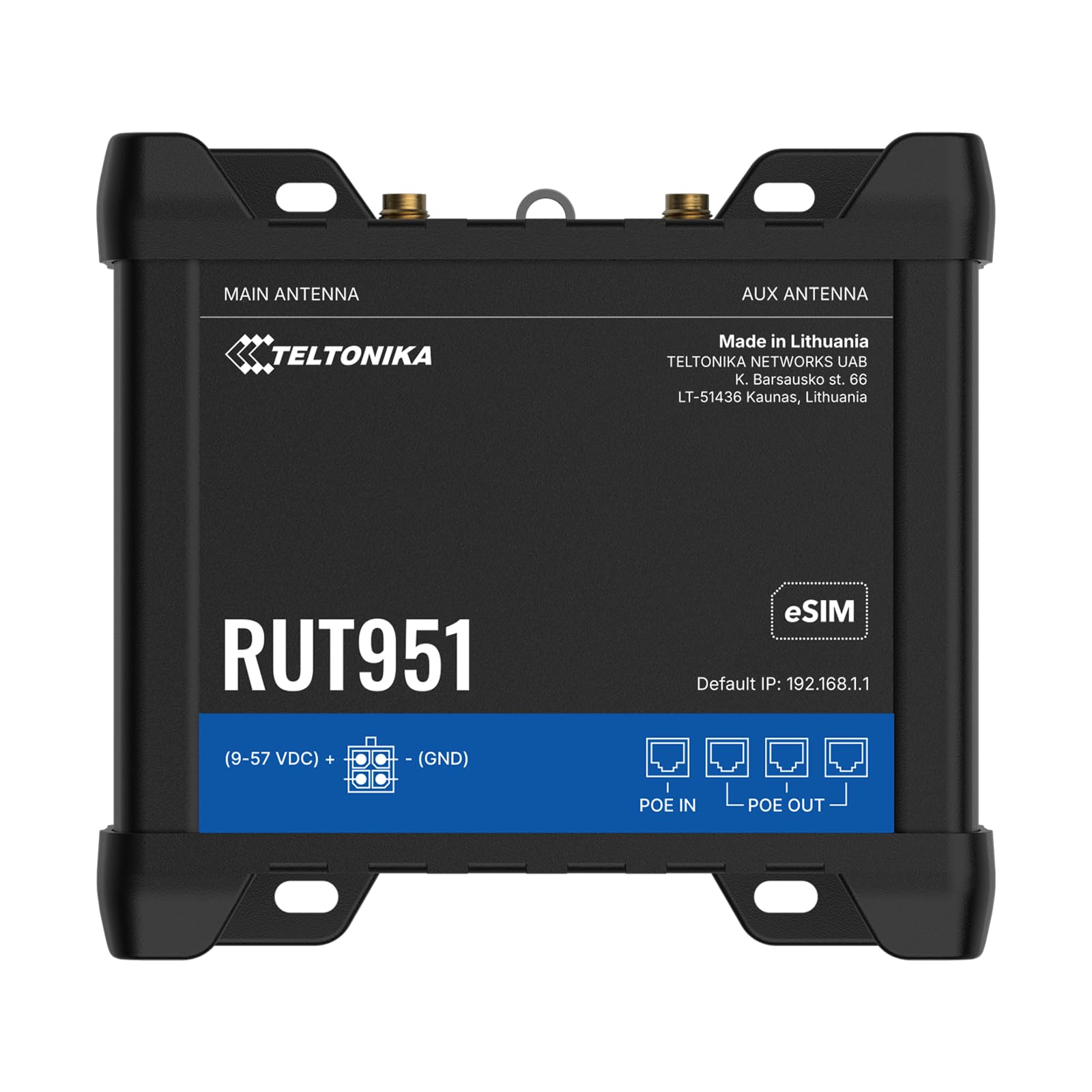 Teltonika RUT951 Industrial Router, 4G Cat 4, 3G, 2G Dual SIM, WiFi, 10/100 Ethernet, 4 ports, Advanced VPN, Versatile Solution for IoT, M2M, and Remote Monitoring