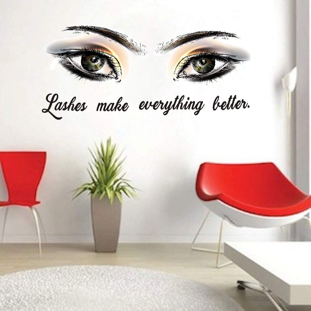 Fashion Wall Decal Lashes Make Everything Better Wall Sticker, Women Beauty Eyes Eyelashes Quote Sticker for Bedroom Decoration