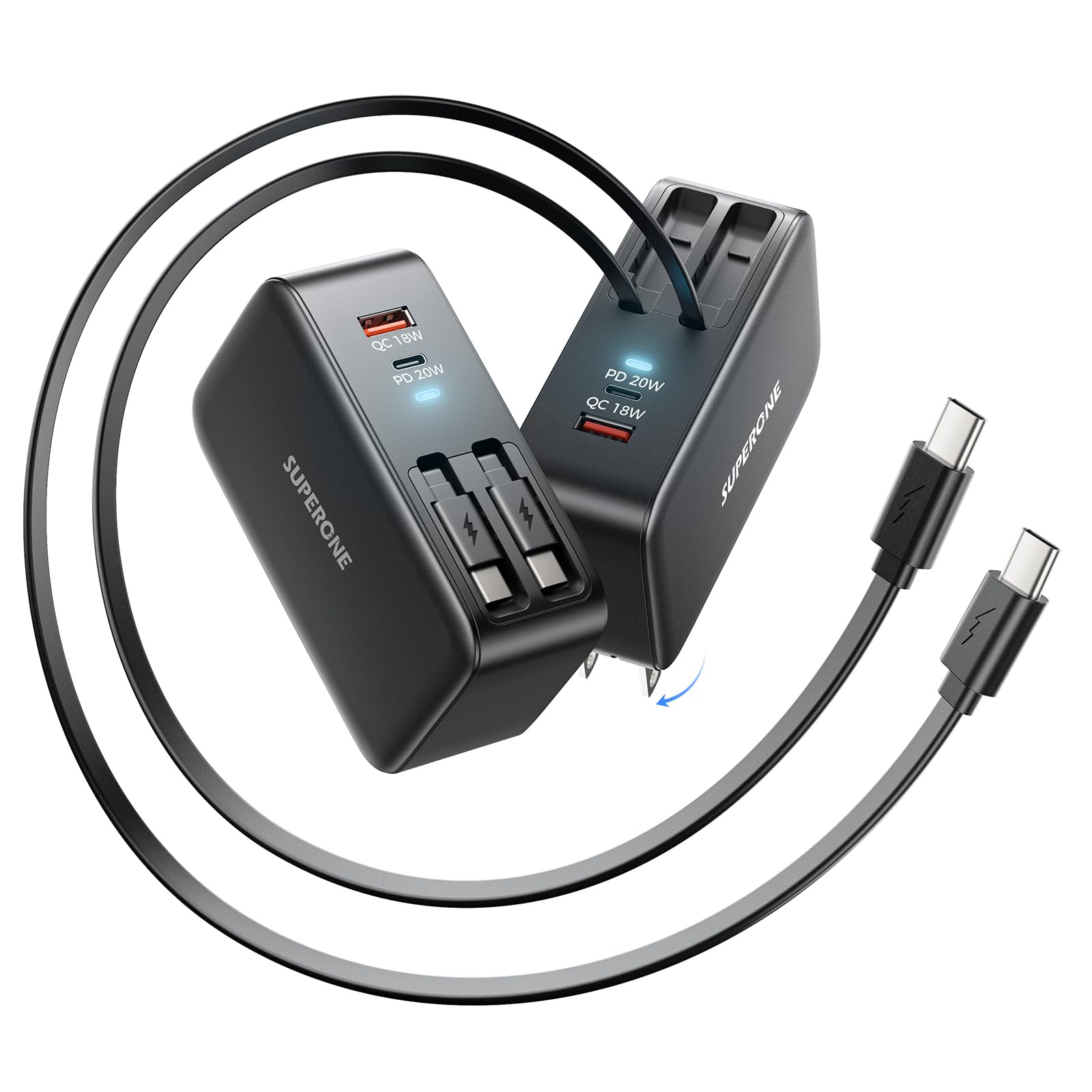 SUPERONE Retractable iPhone Charger, 4-Port USB C Charger Block, iPhone Chargers Fast Charging with Dual USB C Cable, Wall Chargers for iPhones 17/16/15/14/13/12/11 Series, Pad, Samsung, Pixel - Black
