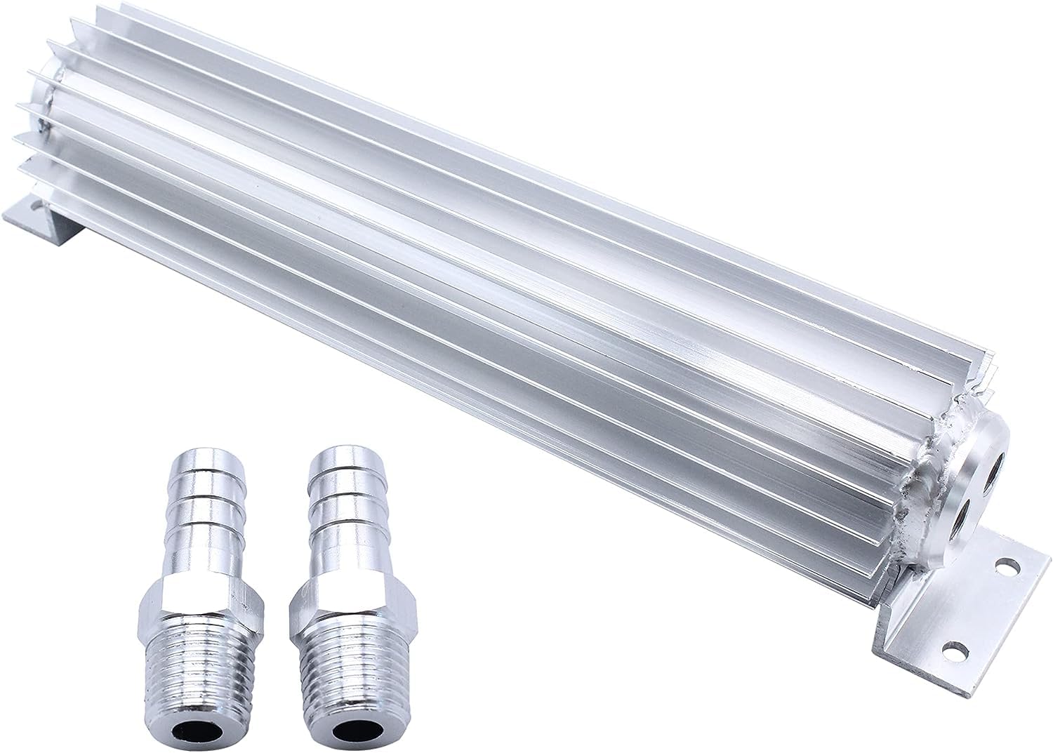 Photo 1 of 1 Set SHLPDFM Silver Aluminum Universal 12" Dual Pass Finned Transmission Oil Cooler with two 1/4" NPT fittings Compatible with C4 C6 700R4 4L60E 727