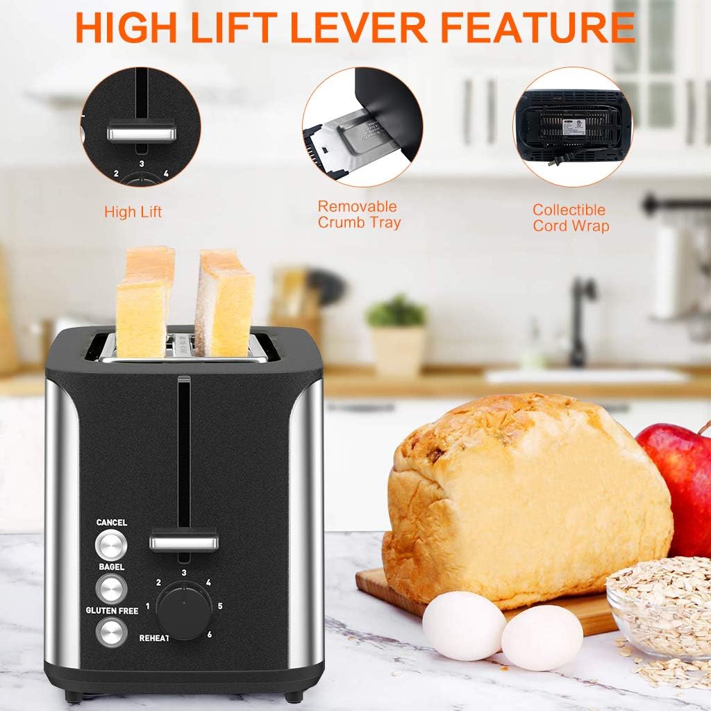2 Slice Toaster Stainless Steel Bread Toasters 7 Toasting Browning Shade Settings with Extra Wide Slot and Removable Crumb Tray, Bagel/Cancel/Gluten Free/Reheat Function, 900 Watt, Sliver&Black: Kitchen & Dining