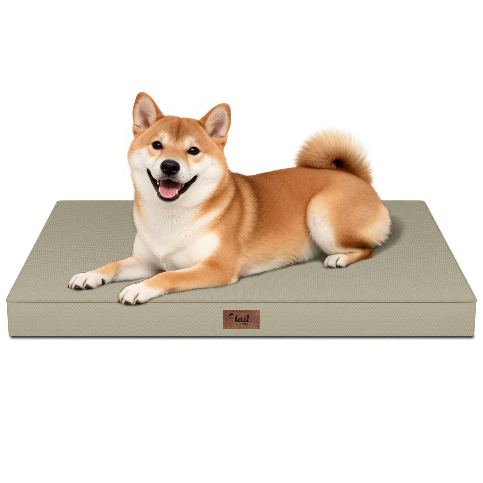 Photo 1 of Tail Stories Outdoor Dog Bed for Medium Dogs, Waterproof Dog Crate Mat Orthopedic Egg Crate Foam Pet Bed with Washable Removable Oxford Cover, Khaki