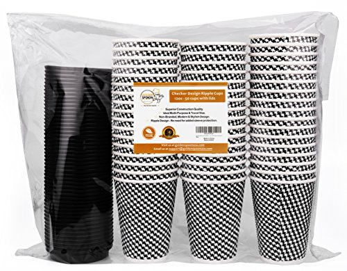 Disposable Hot Coffee Insulated Cups By Golden Spoon â€“ 50 Pack Set Complete With Lids â€“ Stylish Contemporary Ripple Design - Perfect For Take Away Coffee Shops And Bars (12 oz, Checkered Design)