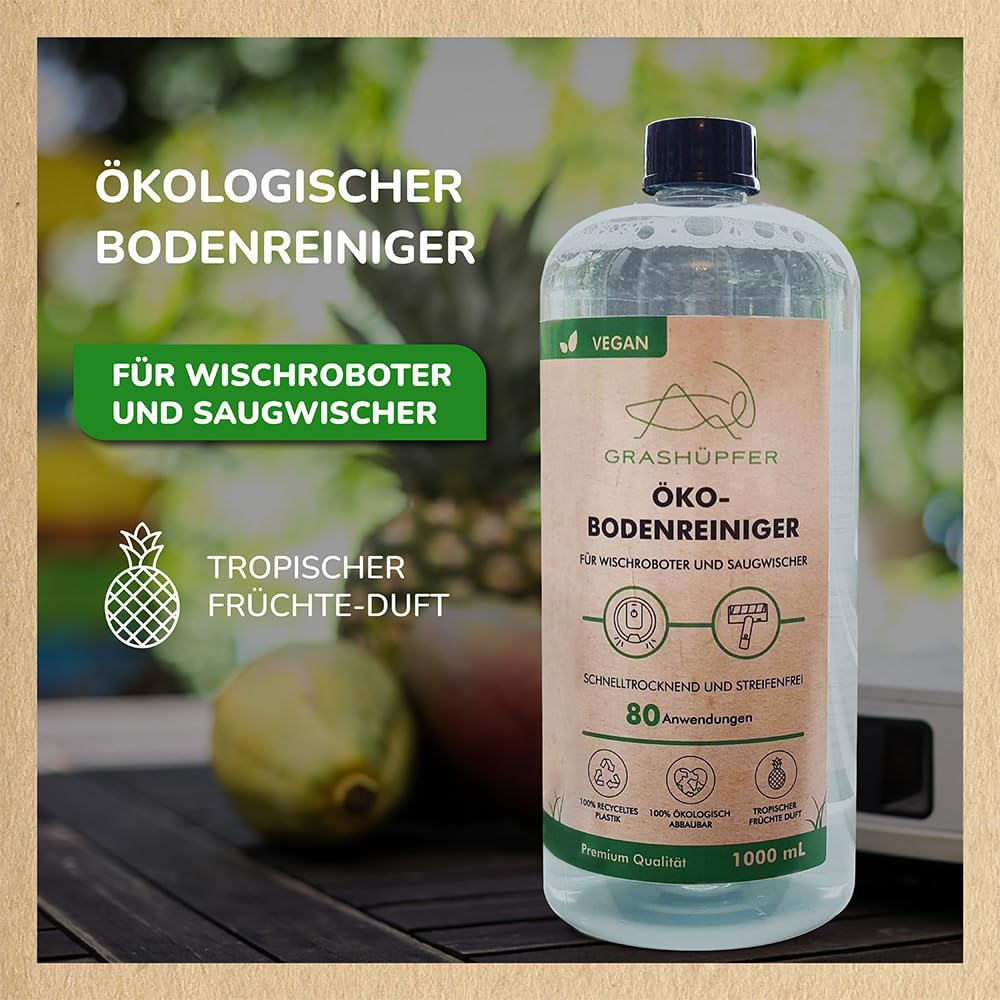 GRASHÜPFER® Öko Bodenreiniger für Wischroboter [TROPISCH] - Wischroboter Reinigungsmittel kompatibel mit Roborock, Dreame, Ecovacs & Co. geeignet für Laminat, Parkett, Vinyl & Fliesen - 1000ml 2