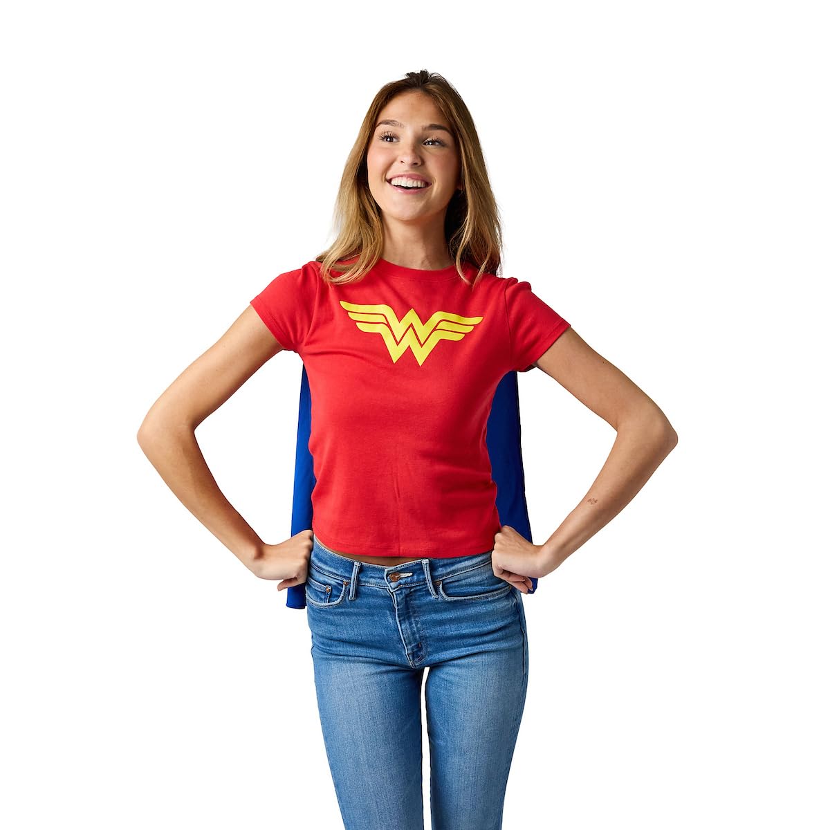 Photo 1 of **MISSING CAPE**
DC Comics Wonder Woman Junior's Red Crew Neck Short Sleeve Caped Tee-Medium
