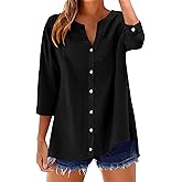 LOMON Womens 3/4 Sleeve Button Down Shirts Cotton Linen Roll Up Short Sleeve Tops V Neck Casual Loose Fit Blouses