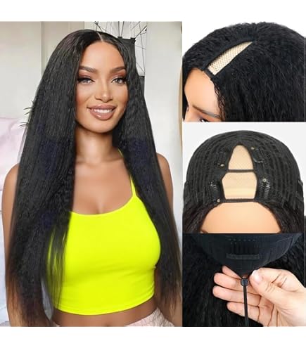 V Part Wig Human Hair Kinky Straight 250% Density Glueless Clip In Drawstring True Scalp Kinky Straight V Part Glueless Human Hair Wig  main image 3