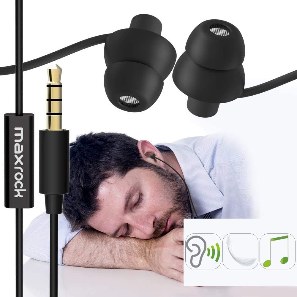 Maxrock Sleep Earplugs & Earphones, Comfortable Noise Isolating Sleep Earbuds Headphones with Ultra Soft Silicone Perfect for Insomnia, Side Sleeper, Snoring, Air Travel, Meditation/Relaxation(Black)