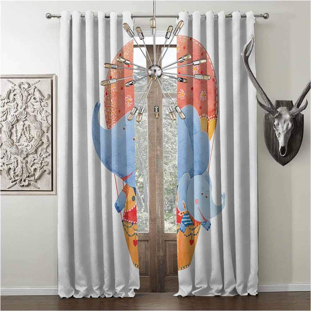 Blackout curtains Short, Colorful, curtain for girls houseroom, Mother and Baby Elephants Flying with a Hot Air Balloon Watercolor Cartoon Print, W84 x L84 Inch, Multicolor, grommets cortinas,