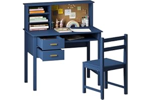 wanan Kids Desk and Chair Set, Wooden Children Study Table with Hutch/Drawer & Bulletin Board, Student Study Desks Computer Desk Art Desk for Bedroom Study Room (Blue)