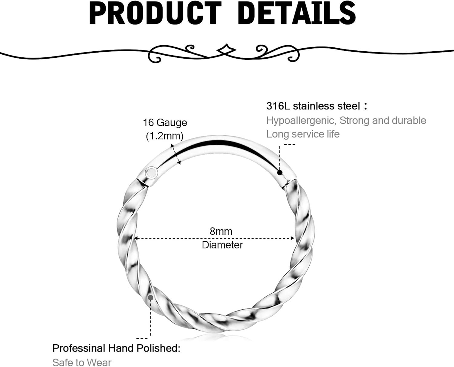 Briana Williams 2pcs 16G Nose Rings Hinged 8mm Seamless Clicker Tragus Helix Daith Lip Ring 1.2mm Surgical Steel Piercing - Image 4