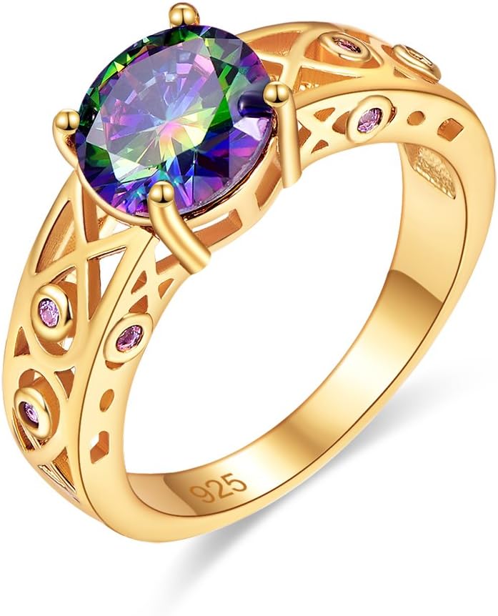 Yellow Gold Plated Created Rainbow Topaz Solitaire Engagement Ring