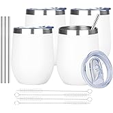 MEZMUT 12oz Insulated Wine Tumbler with Lid Double Wall Vacuum Stainless Steel Wine Glass Coffee Mug Insulated Tumbler Cup for Champaign, Cocktail, Beer (White,4 Pack)